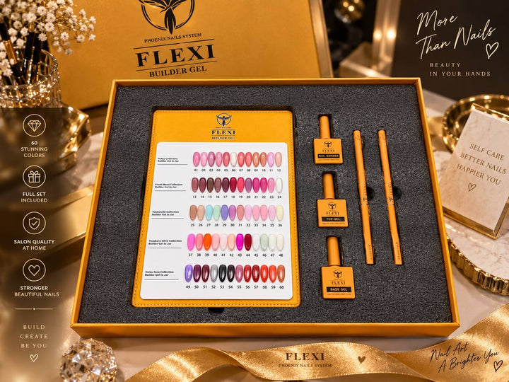 PHOENIX FLEXI Builder Gel (In Jar) 60 colors Master Kit (Included Color Chart) - Free Extra Top + Base + Bond Refill (8oz)