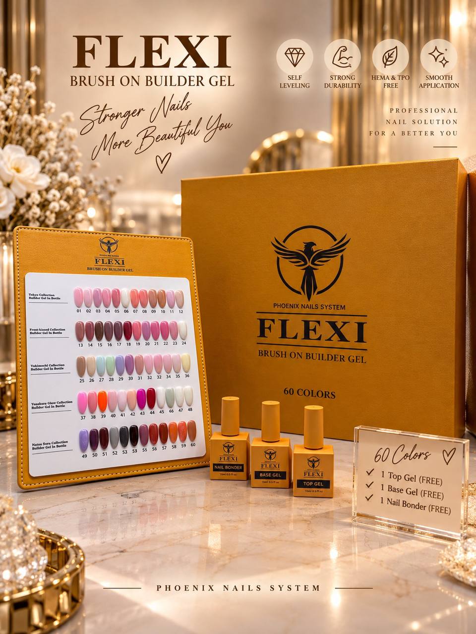 PHOENIX FLEXI Builder Gel Brush On (In Bottle) 60 colors Master Kit (Included Color Chart) - Free Extra Top + Base + Bond Refill (8oz)