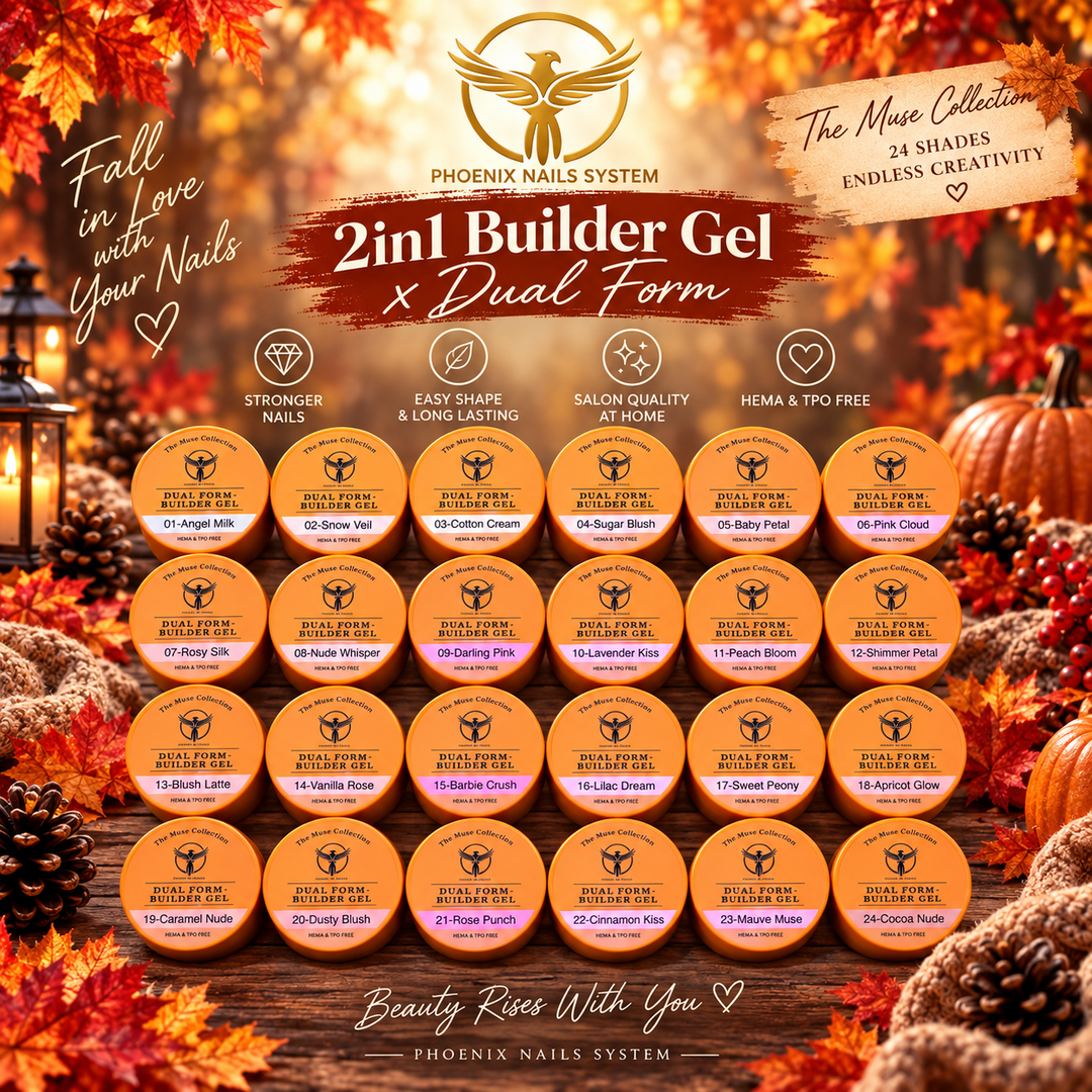Phoenix 2-in-1 Dual Form Builder Gel – 24-Color Collection + FREE Phoenix Flexi Top, Base &amp; Bonder