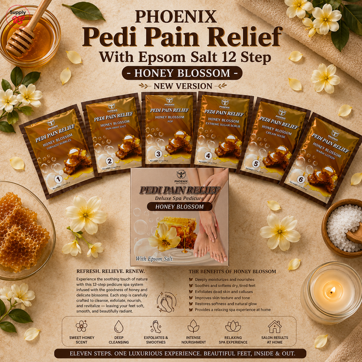 Phoenix Pedi Pain Relief With Epsom Salt 12 Step - 24pcs/Case - NEW VERSION - Free Massage Candle + Pedi Kit &amp; Liner