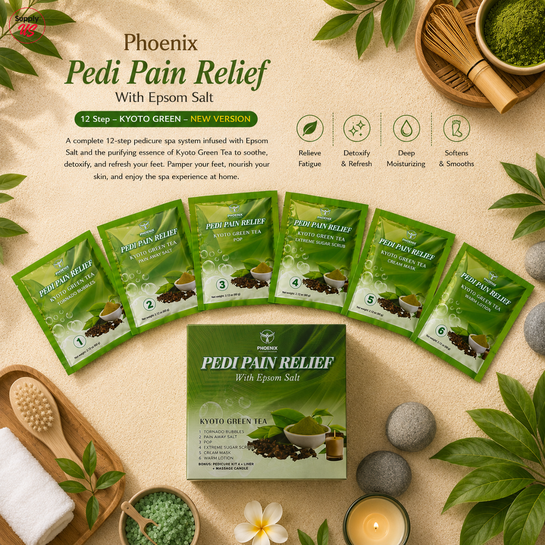 Phoenix Pedi Pain Relief With Epsom Salt 12 Step - 24pcs/Case - NEW VERSION - Free Massage Candle + Pedi Kit &amp; Liner