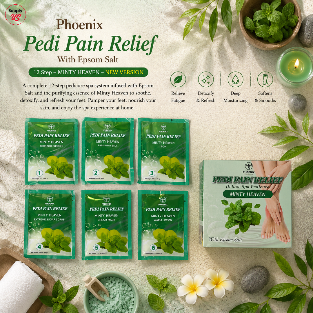 Phoenix Pedi Pain Relief With Epsom Salt 12 Step - 24pcs/Case - NEW VERSION - Free Massage Candle + Pedi Kit &amp; Liner