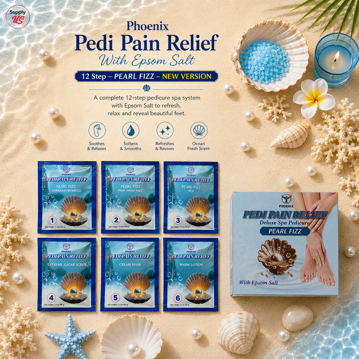 Phoenix Pedi Pain Relief With Epsom Salt 12 Step - 24pcs/Case - NEW VERSION - Free Massage Candle + Pedi Kit &amp; Liner